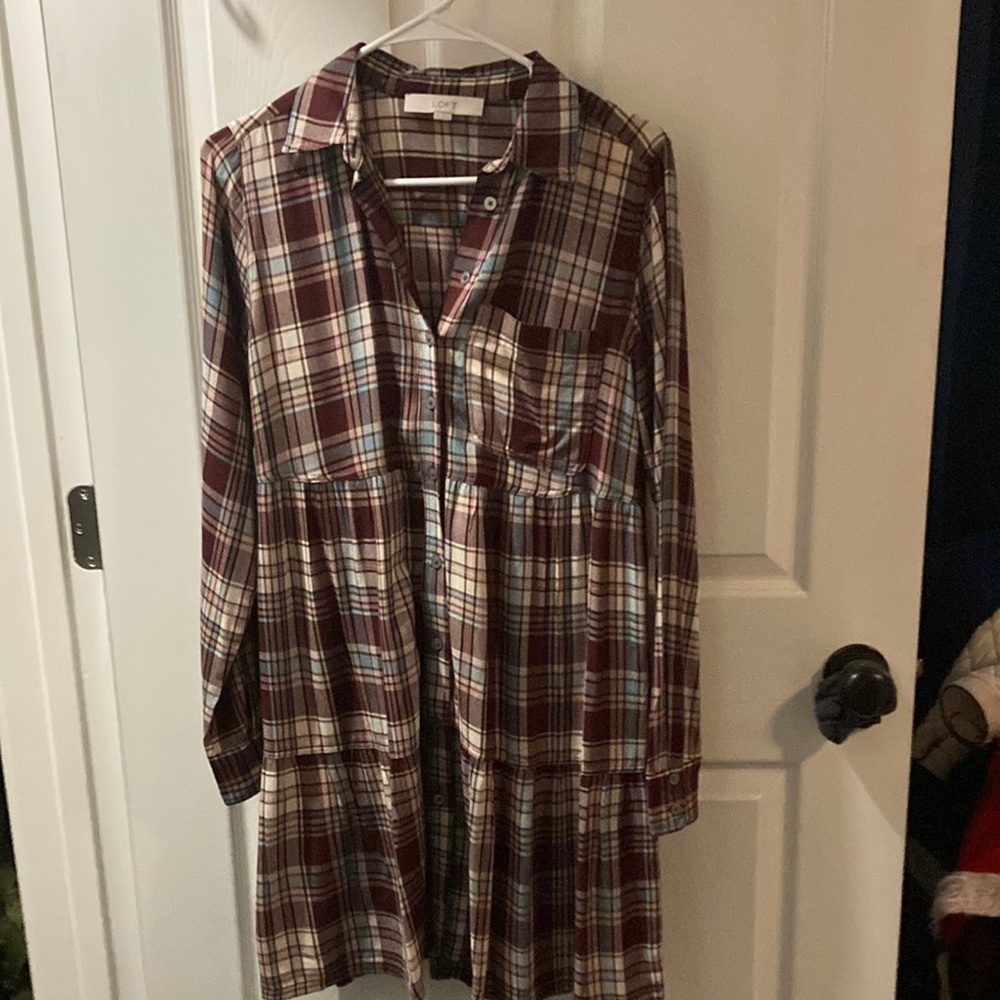 Ann Taylor Loft shirt dress relaxed fit size XS brown cream plaid